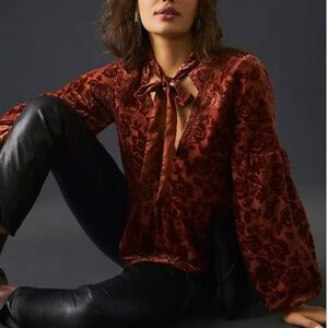 Anthropologie Velvet Floral Tie Neck Peplum in Burnt Orange